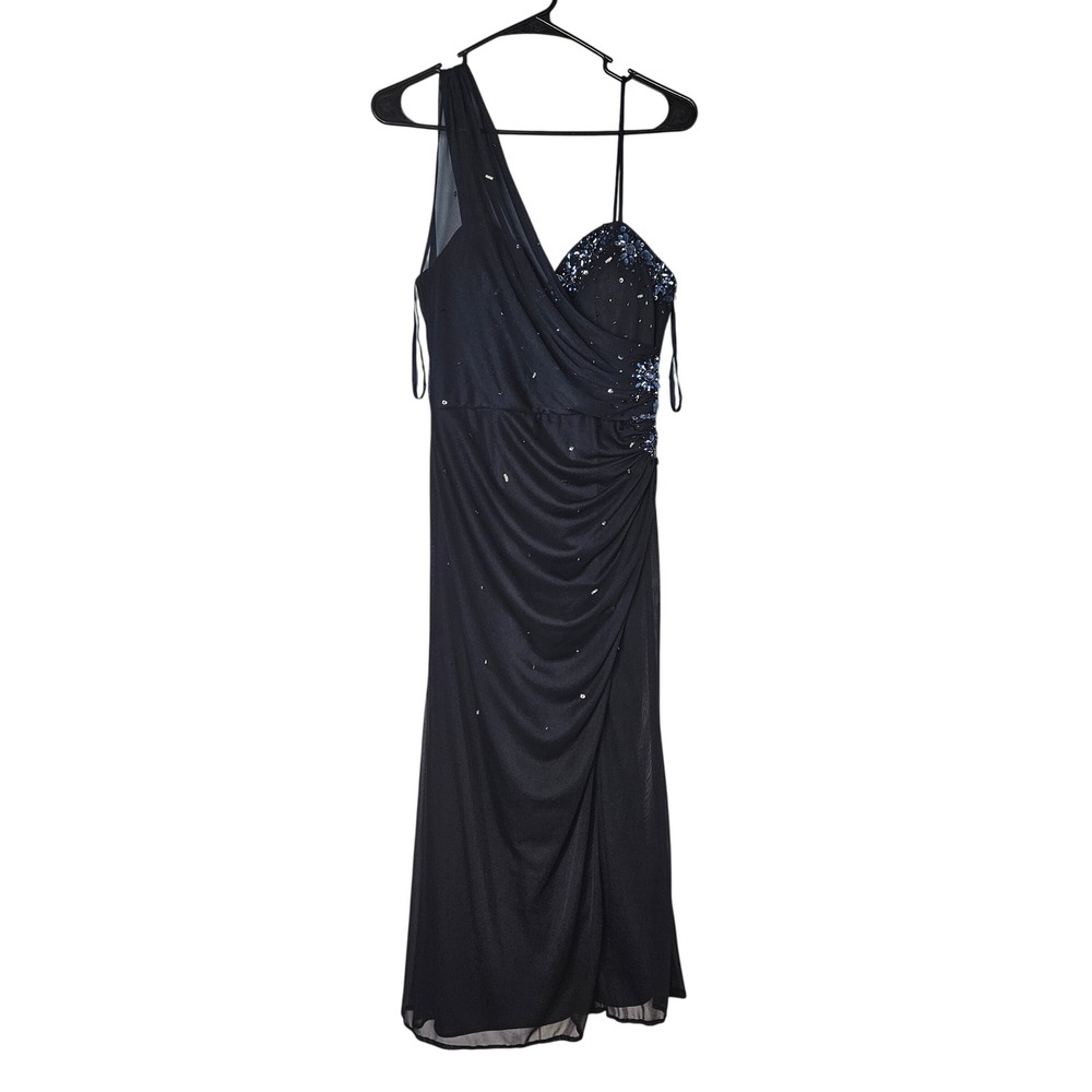 Xscape Dark Blue Beaded Tulle One Shoulder Midi Dress Womens Size 19